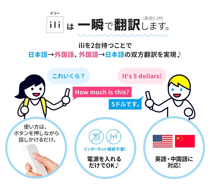 iliは一瞬で翻訳します　iliを2台持つことで日本語から外国語、外国語から日本語の双方翻訳を実現