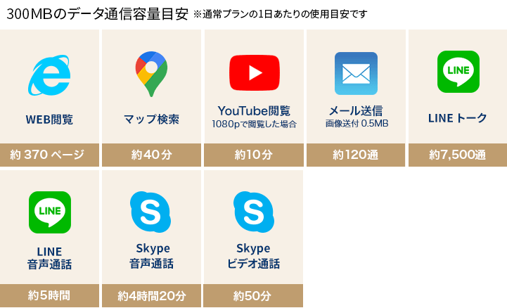 250MBのデータ通信容量目安。※通常プランの1日あたりの使用目安です。