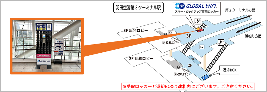 羽田空港の受取返却カウンターのマップ