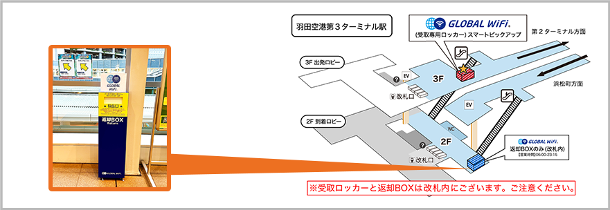 羽田空港　東京モノレール改札内の返却BOXのマップ